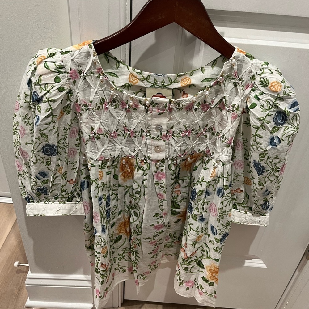 NWT Farm Rio Folk Floral Off-White Scoop Neck Short Sleeve Blouse Top - Picture 5 of 8